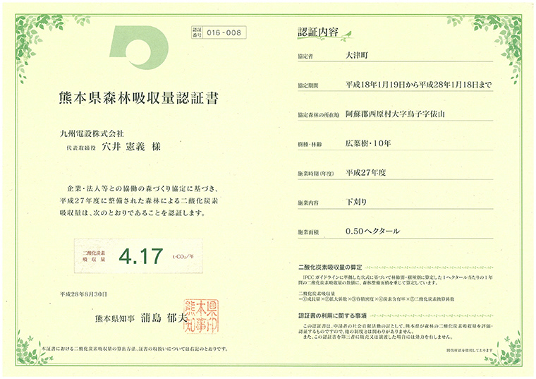 熊本県森林吸収量認証書